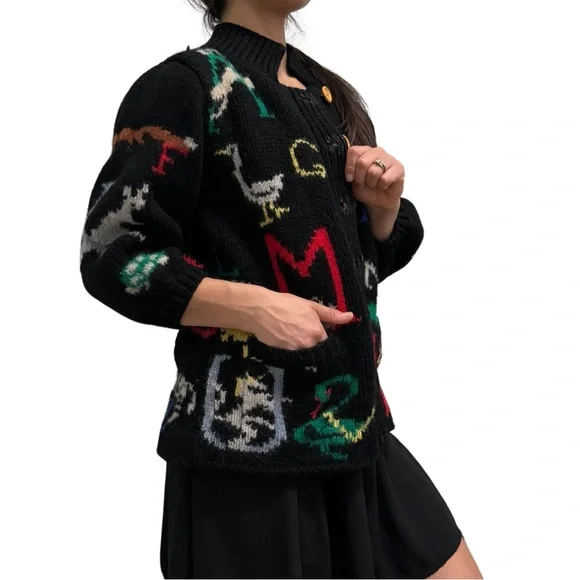 Vtg Moussie Susan Bristol Sweater Cardigan Wool ABCs Back To School Novelty S - Picture 3 of 10